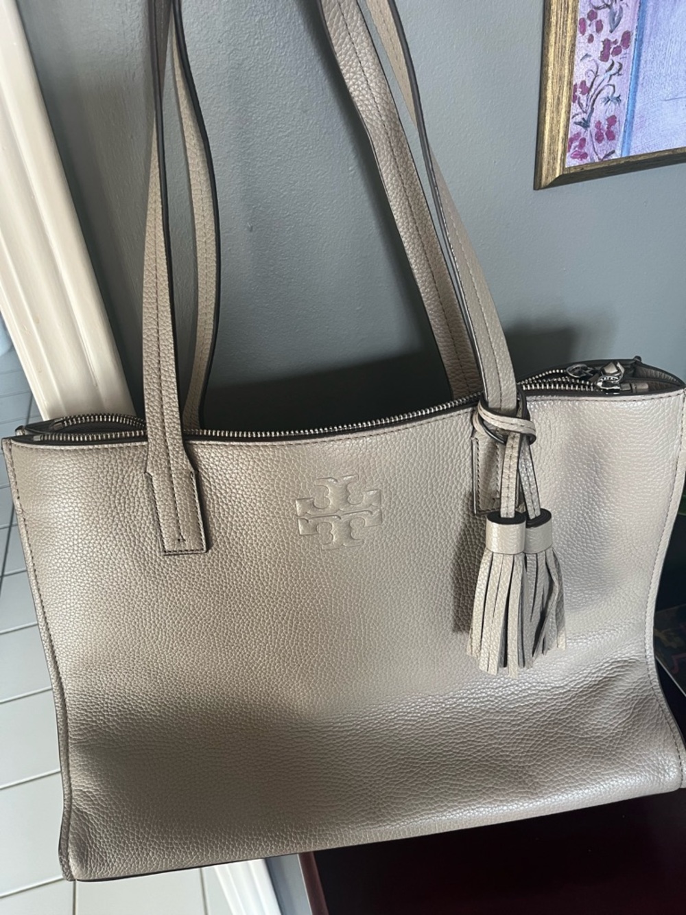 Tory Burch Pebbled Leather Tote in Light Taupe with Tassel